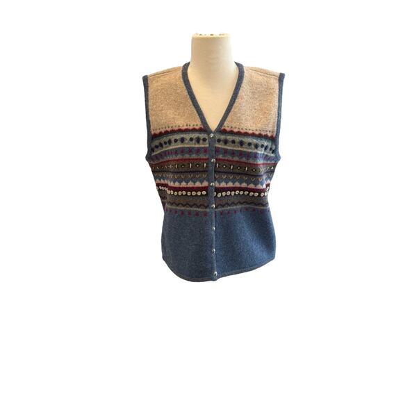 Vintage Talbots Medium Blue 100% Wool Fair Isle Stripe V-Neck Sweater Vest - Picture 1 of 8